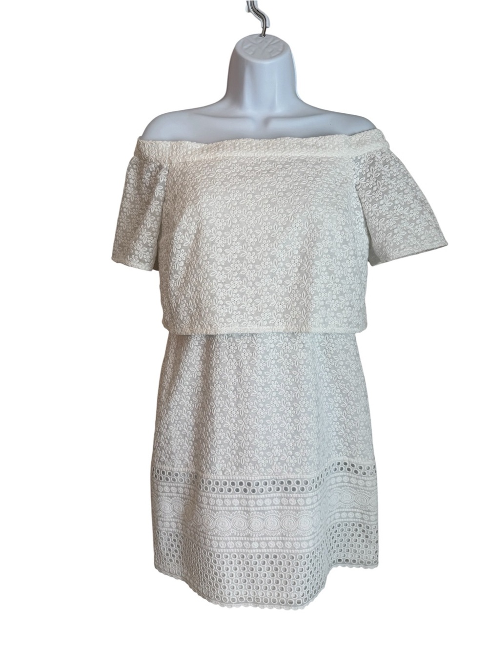 Topshop NWT White Embroidered Eyelet Bardot Off Shoulder Mini Dress Sz 6 Lined